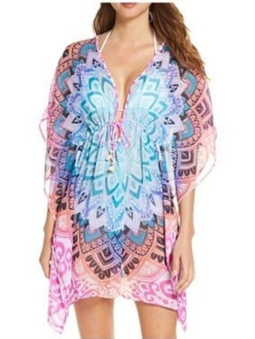 Bleu Rod Beattie Swim Cover-Up Kaftan Pink Blue Mandala Print Size Large